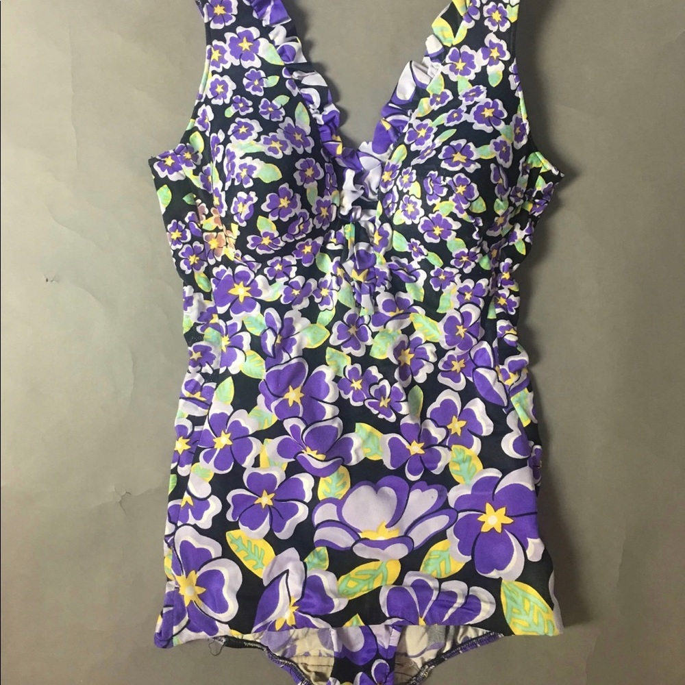 Vintage 60s swimsuit purple floral stretchy cute